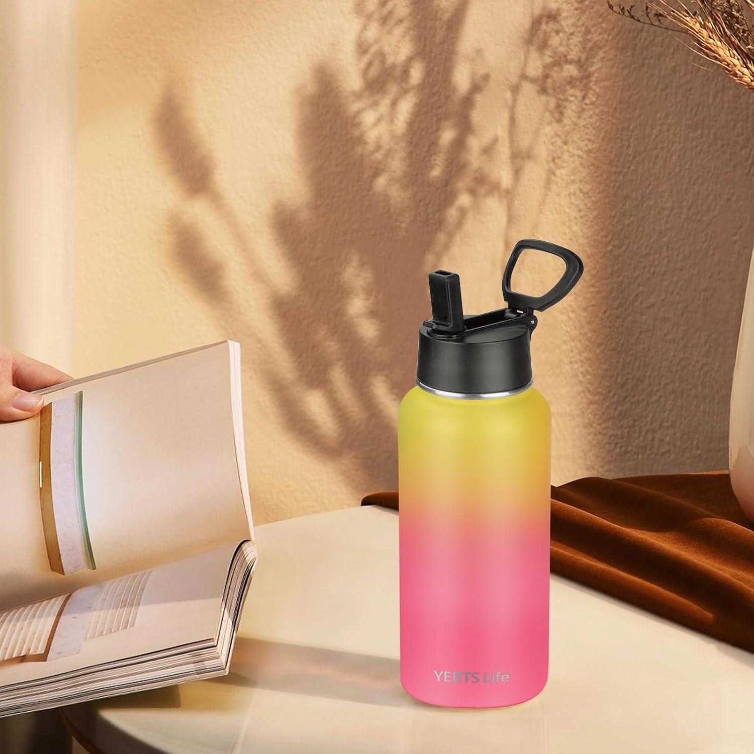 Botella de Agua Aislada YEBTS Life 32 oz con Pajilla Amarillo/Rosa