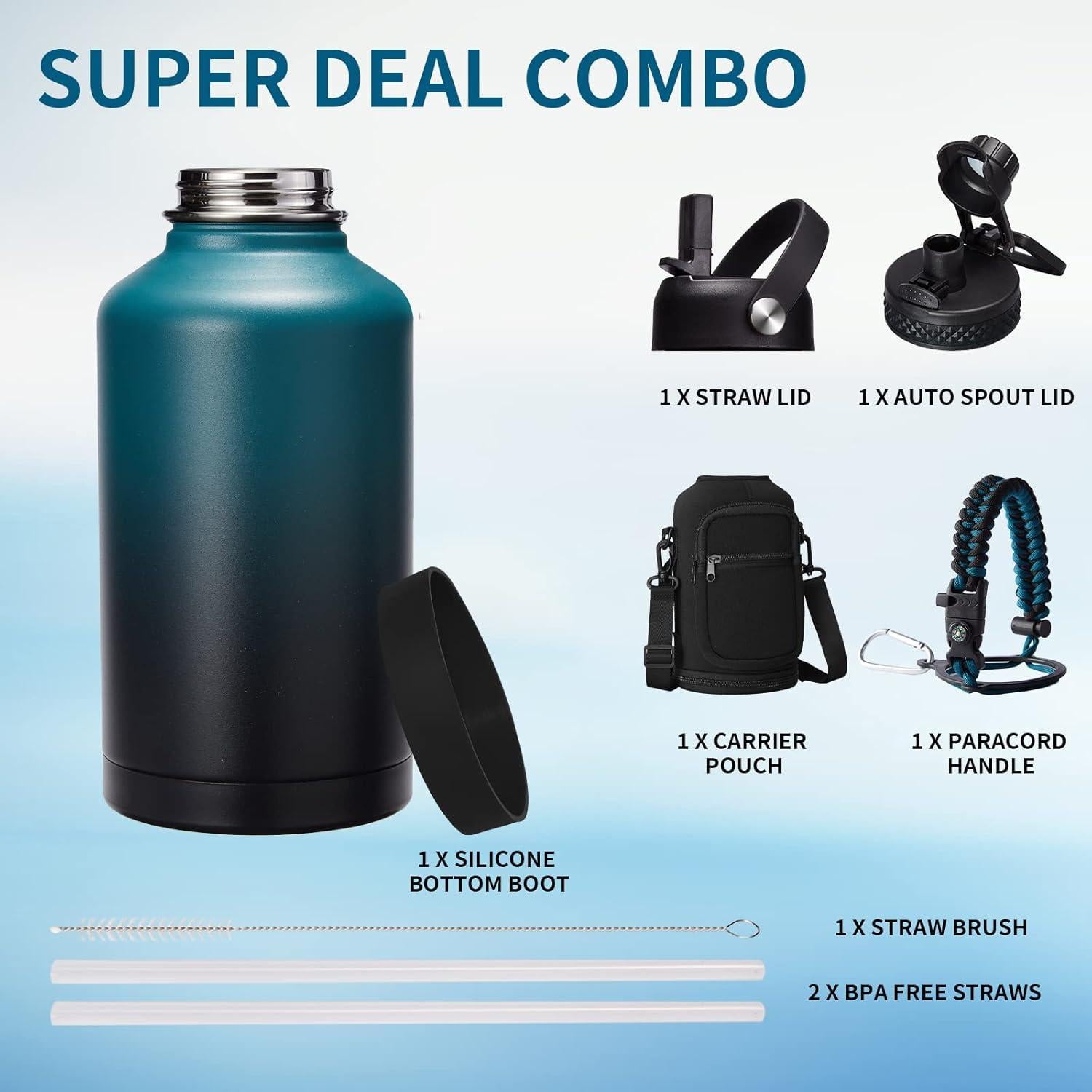 Botella de Agua Aislada VICKNIY 1.89L con Asa y Accesorios