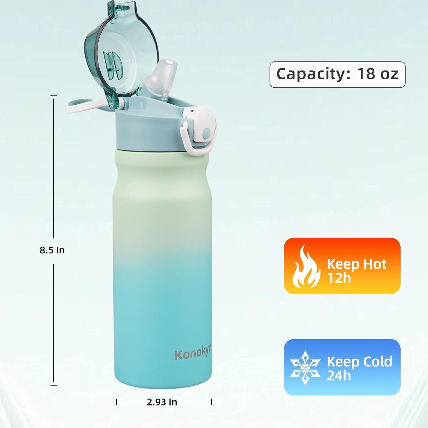 Botella de Agua Aislada Konokyo 532 ml con Pajilla Menta