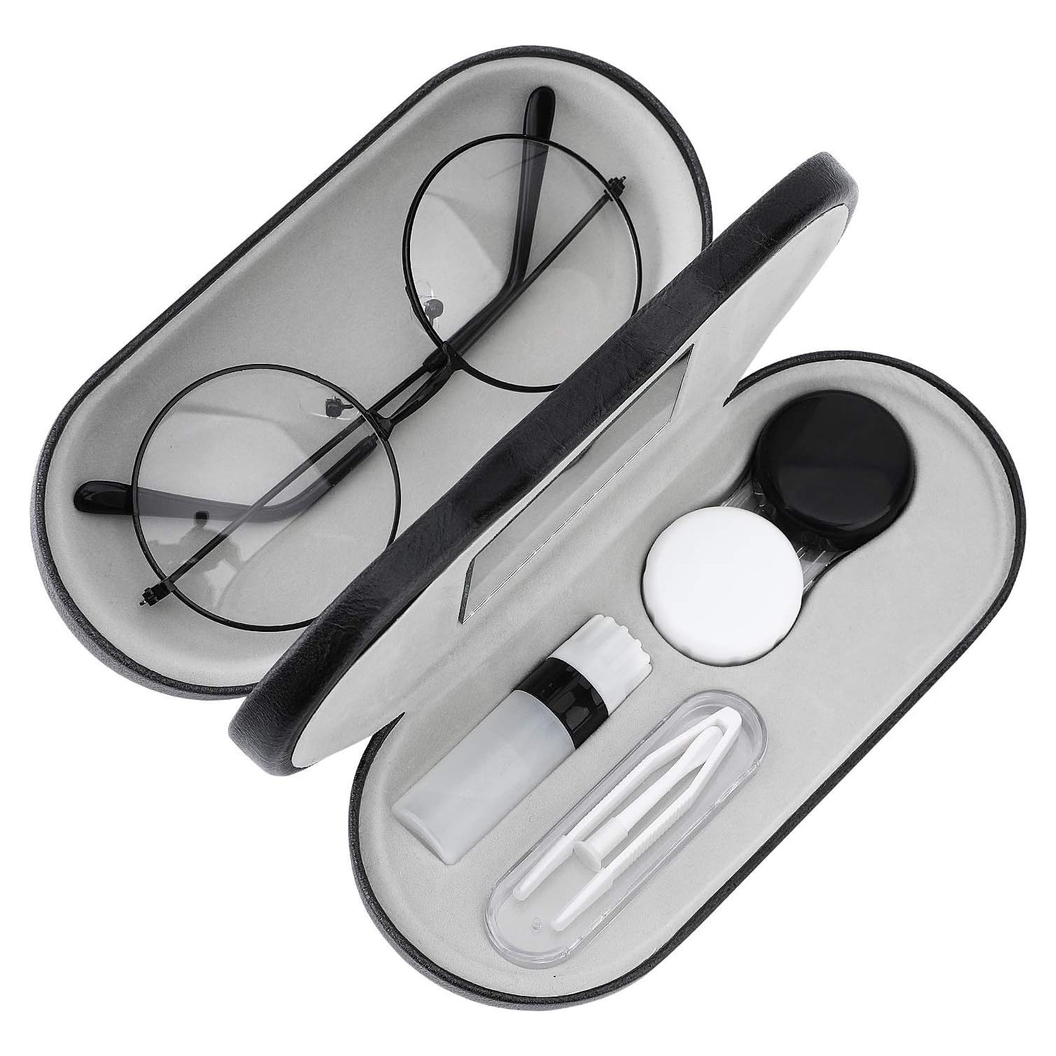 MoKo Double Eyeglass Case, Contact Lens Case with Mirror Tweezers Remover, 2 in 1 Double Sided Portable Contact Lens Box Holder Container Soak Storage Kit Sunglasses Pouch for Men & Women, Black