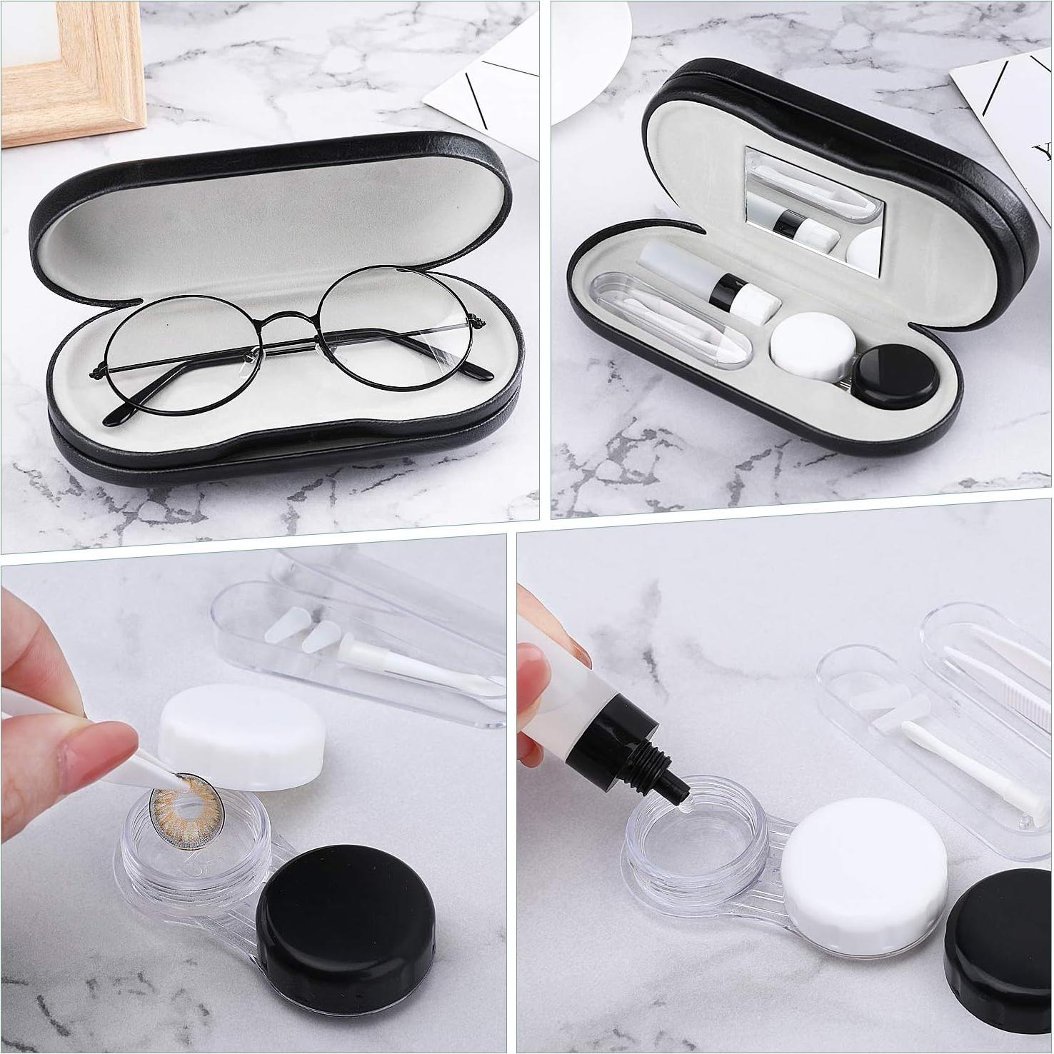 MoKo Double Eyeglass Case, Contact Lens Case with Mirror Tweezers Remover, 2 in 1 Double Sided Portable Contact Lens Box Holder Container Soak Storage Kit Sunglasses Pouch for Men & Women, Black