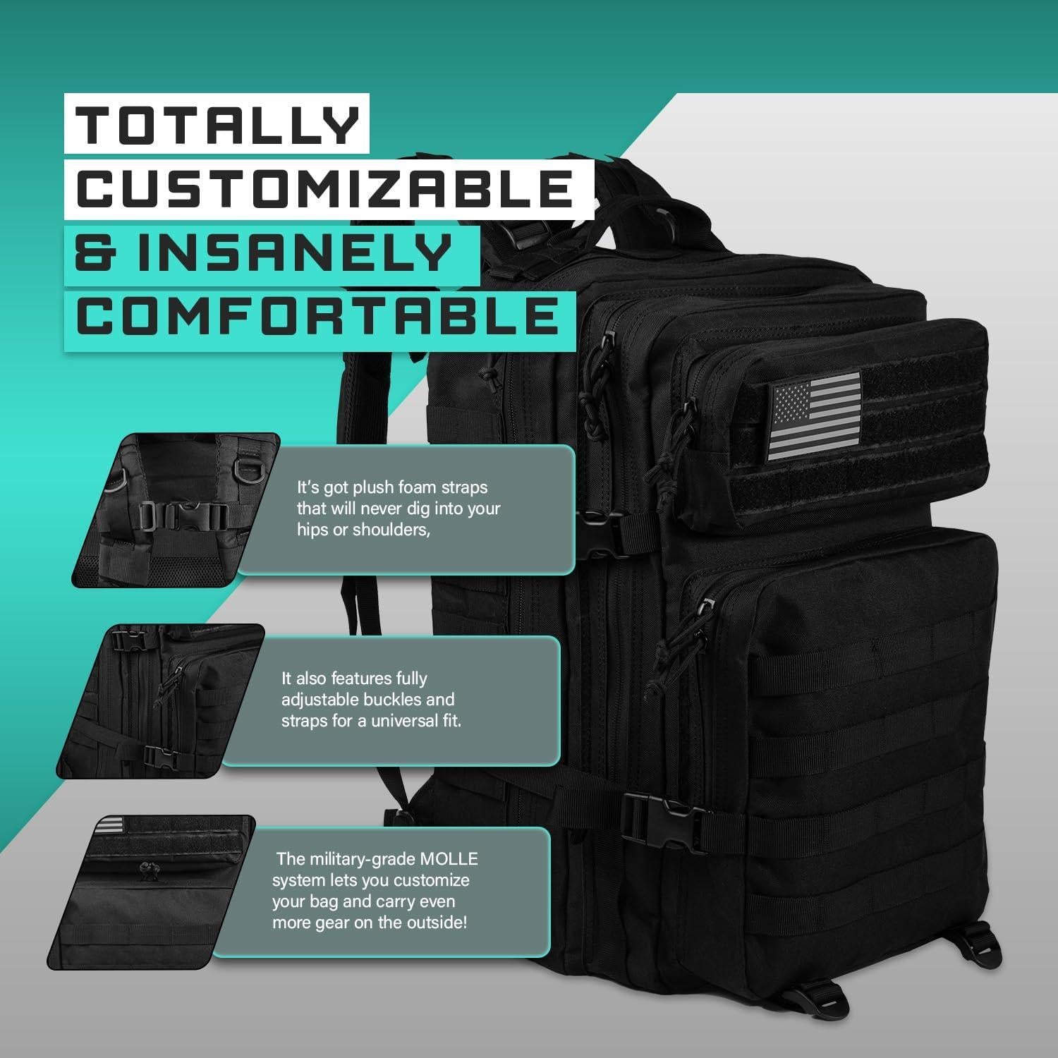 Mochila táctica 40L negra | 7 compartimentos | Nylon resistente