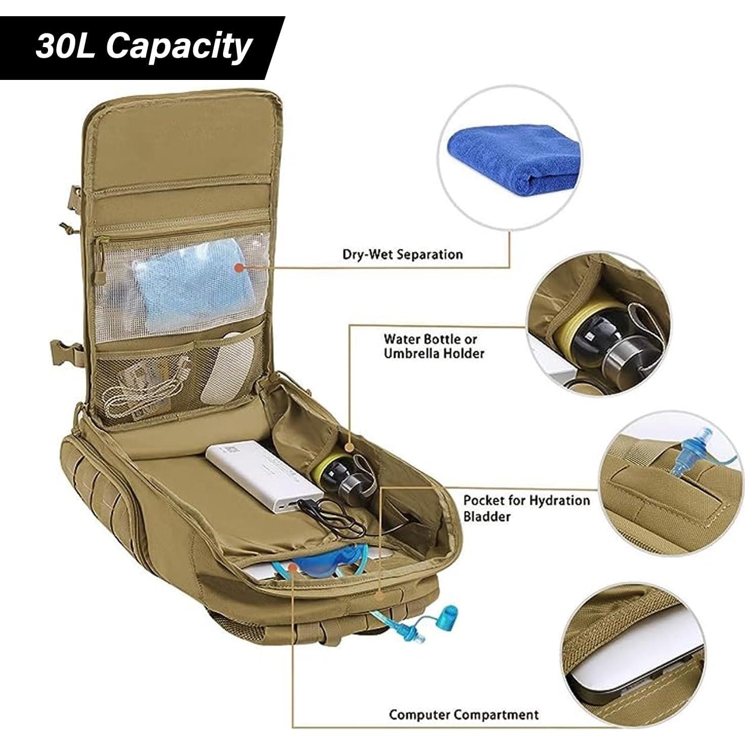 Mochila Táctica Militar Mosiso 30L Caqui con USB
