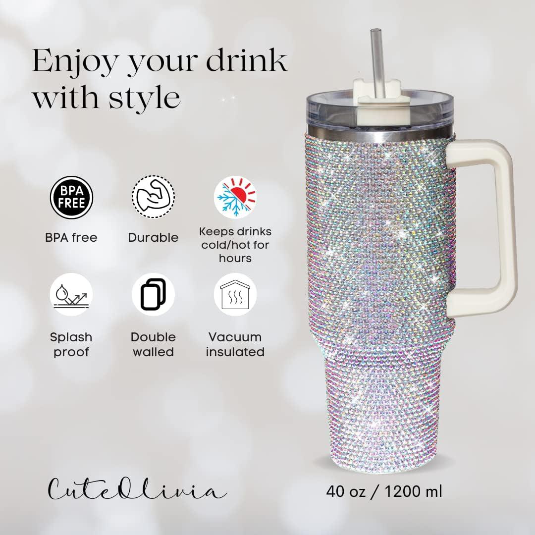 Taza Aislada 1200ml CuteOlivia con Strass y Asa Blanca