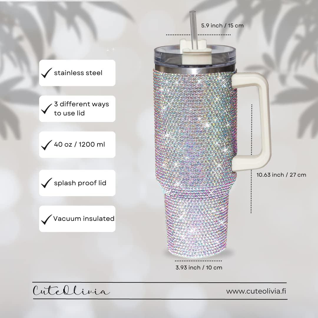 Taza Aislada 1200ml CuteOlivia con Strass y Asa Blanca