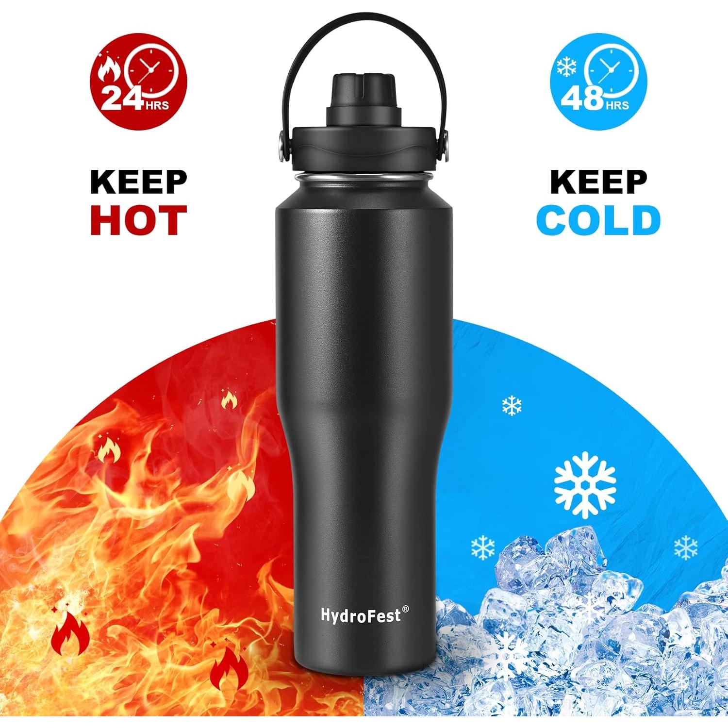 Botella de Agua HydroFest 0.95L Negra Doble Pared Aislada