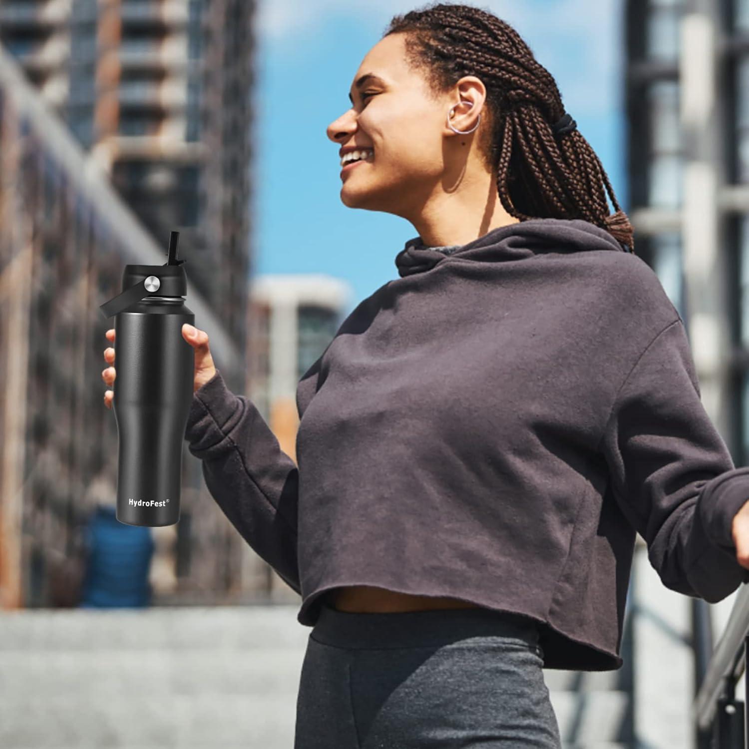 Botella de Agua HydroFest 0.95L Negra Doble Pared Aislada
