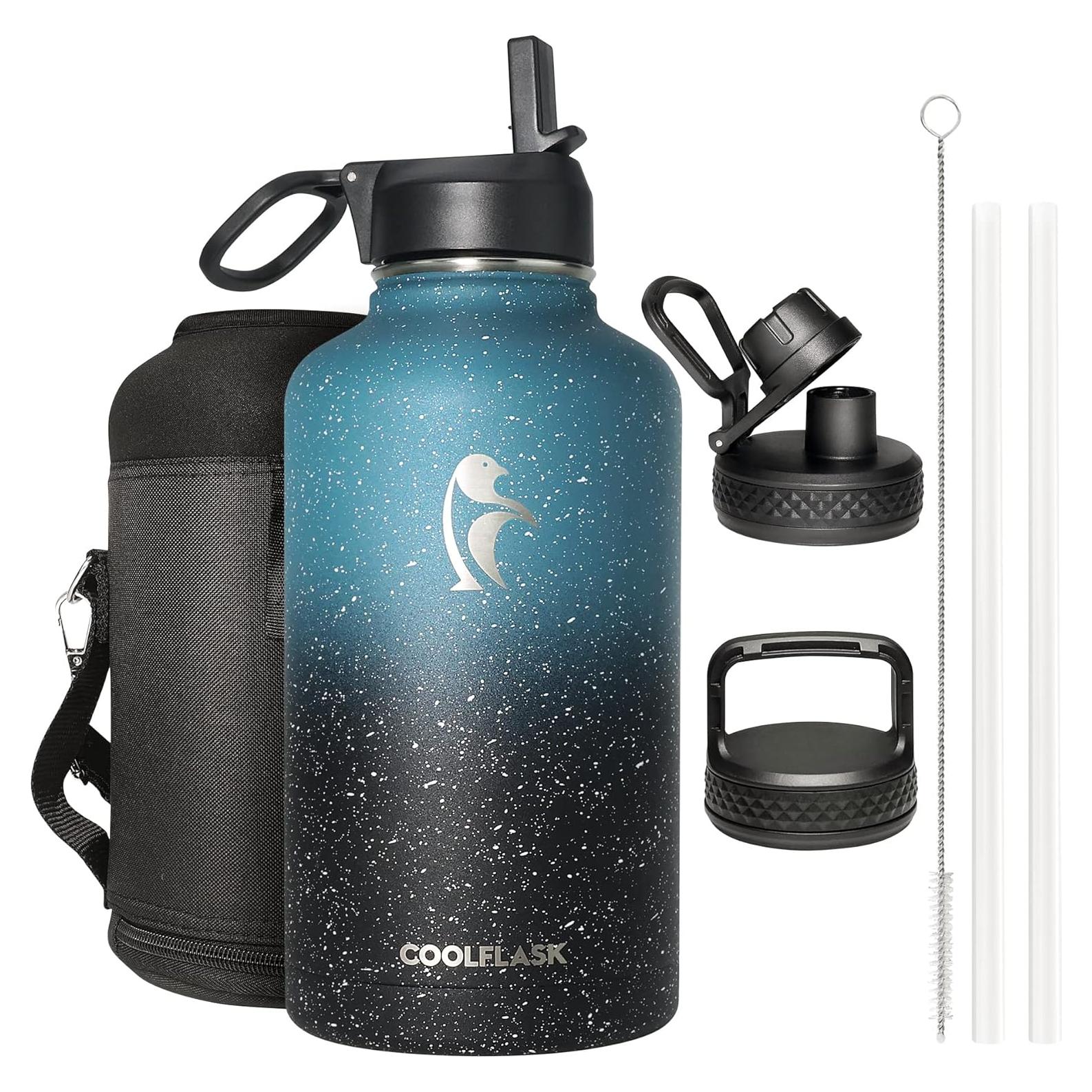 Botella de Agua Aislada Coolflask 1.89L Turquesa con 3 Tapas