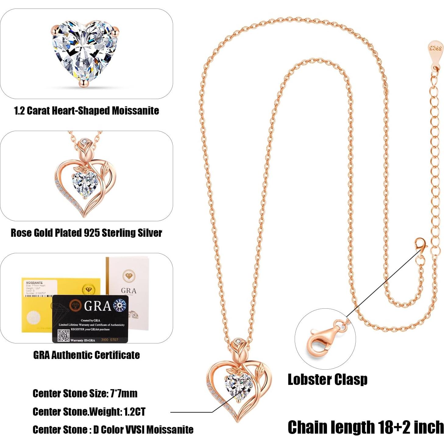 Collar Corazón Rosa Moissanita 1.2CT Oro Rosa 18K S925