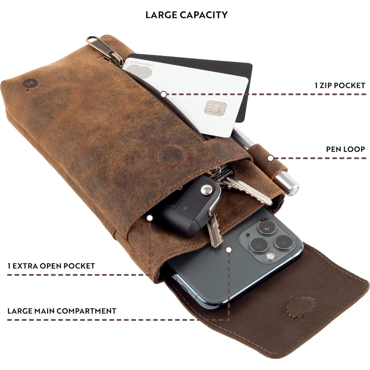 Funda de cuero Moonster para smartphone grande - Marrón