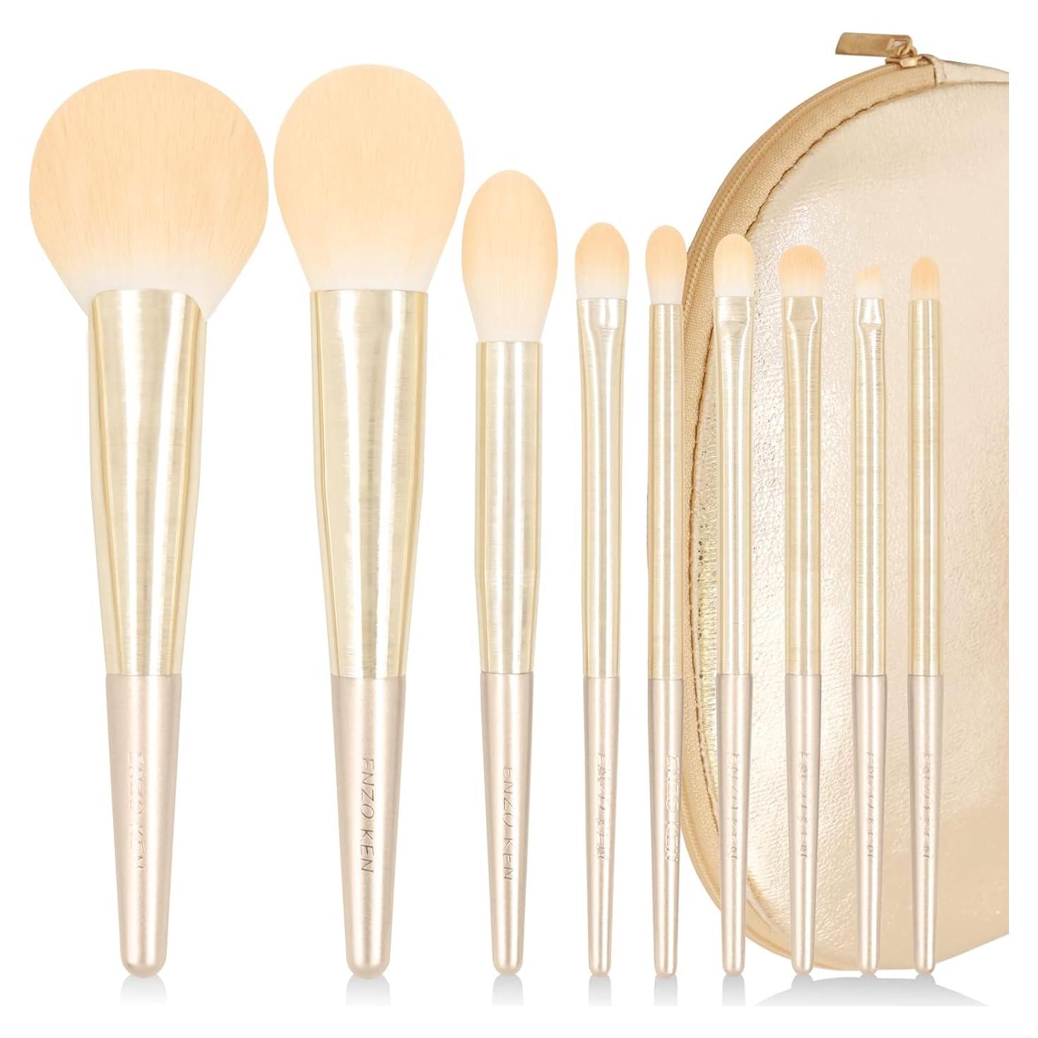 Juego de Brochas de Maquillaje ENZO KEN 9 Piezas Doradas