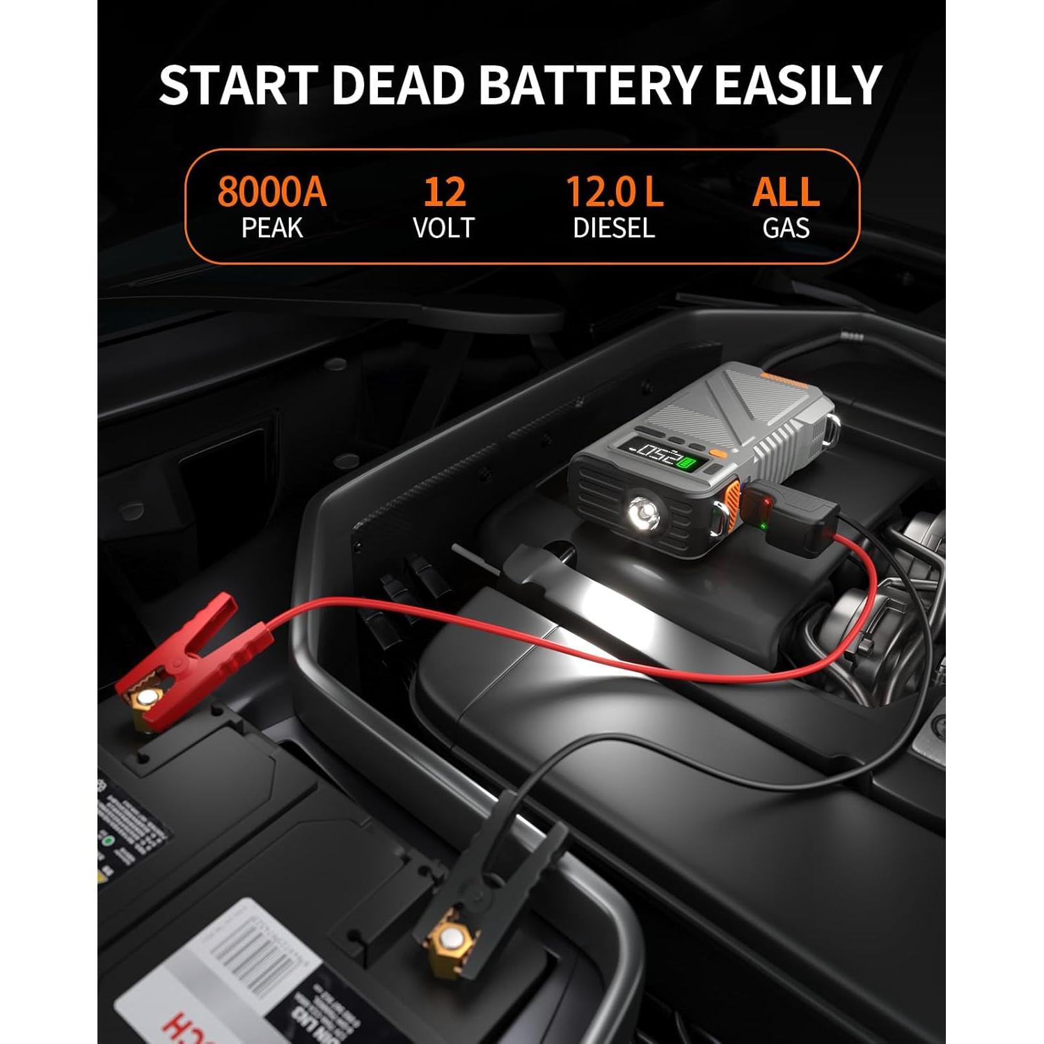 Arrancador de Coche Geeneu W150 8000A 9 en 1 con Compresor