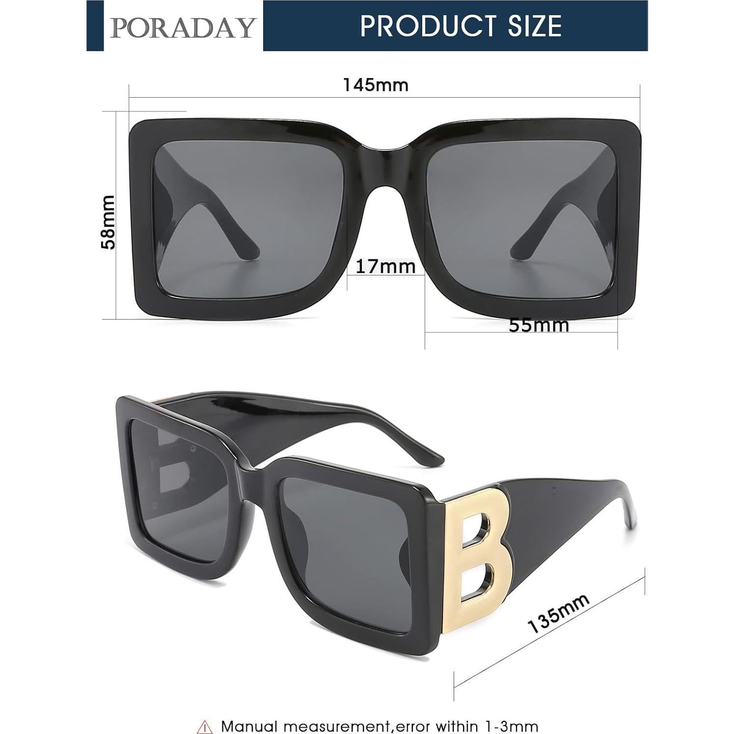 Gafas de sol cuadradas PORADAY UV400 unisex marco negro