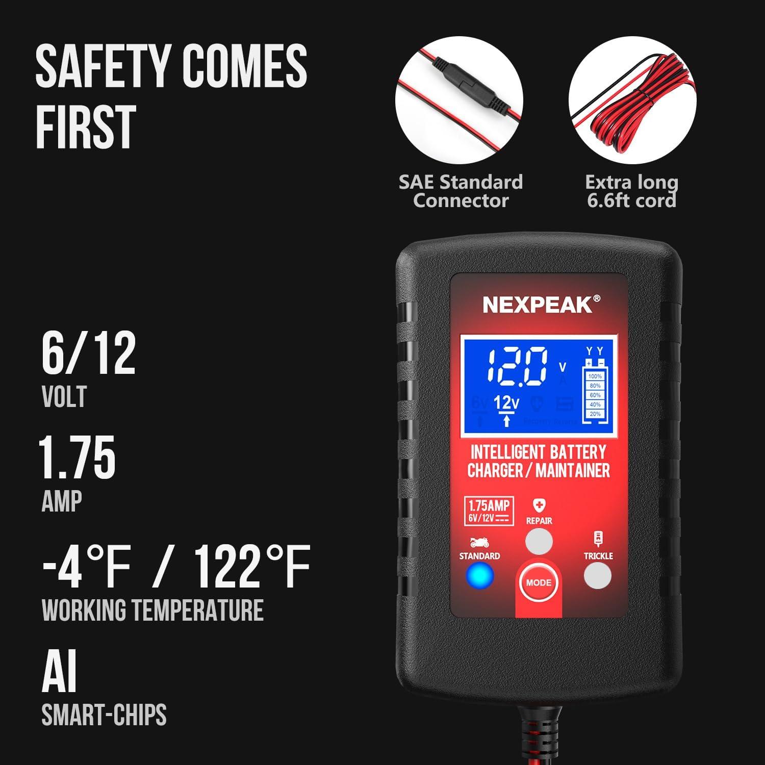 Cargador Mantenedor NEXPEAK 6V 12V Pantalla LCD 2 Años