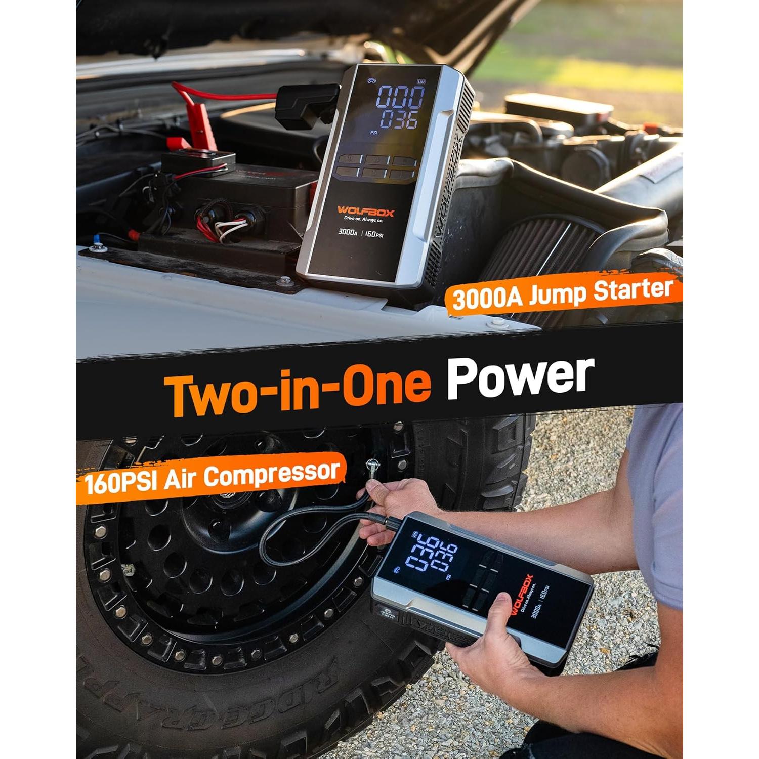 Arrancador de Batería WOLFBOX MegaVolt 16 con Compresor 3000A