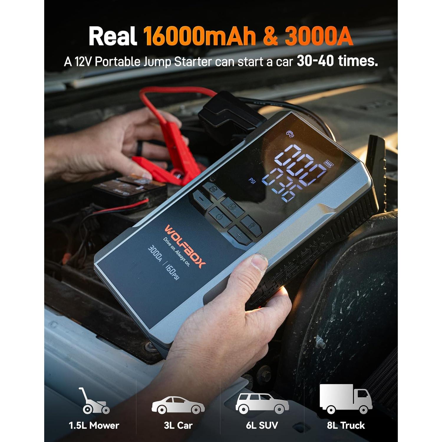 Arrancador de Batería WOLFBOX MegaVolt 16 con Compresor 3000A