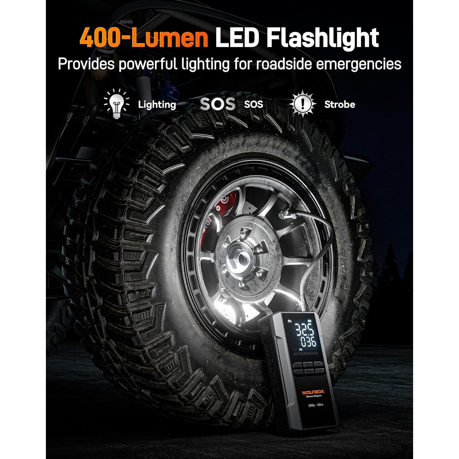 Arrancador de Batería WOLFBOX MegaVolt 16 con Compresor 3000A