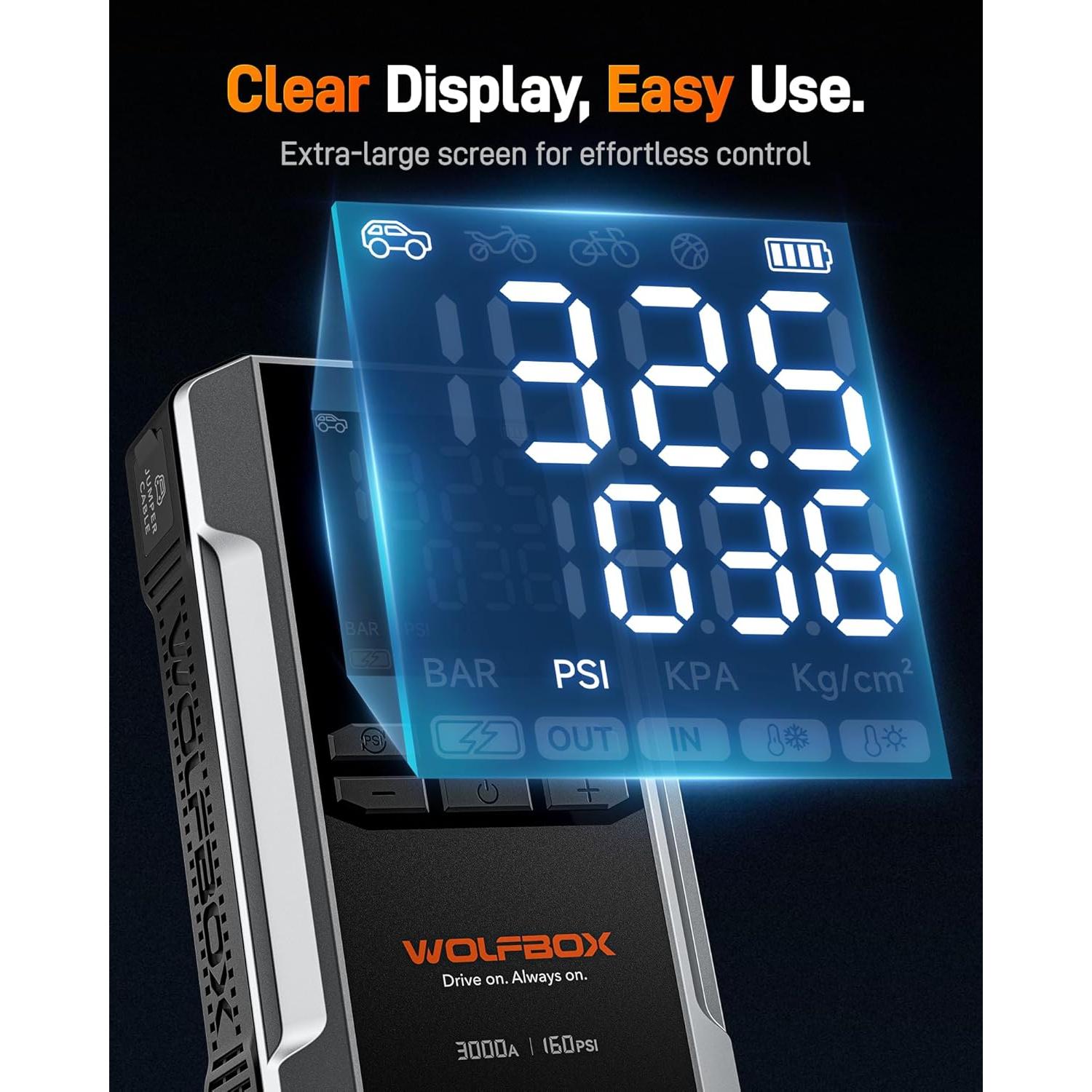 Arrancador de Batería WOLFBOX MegaVolt 16 con Compresor 3000A