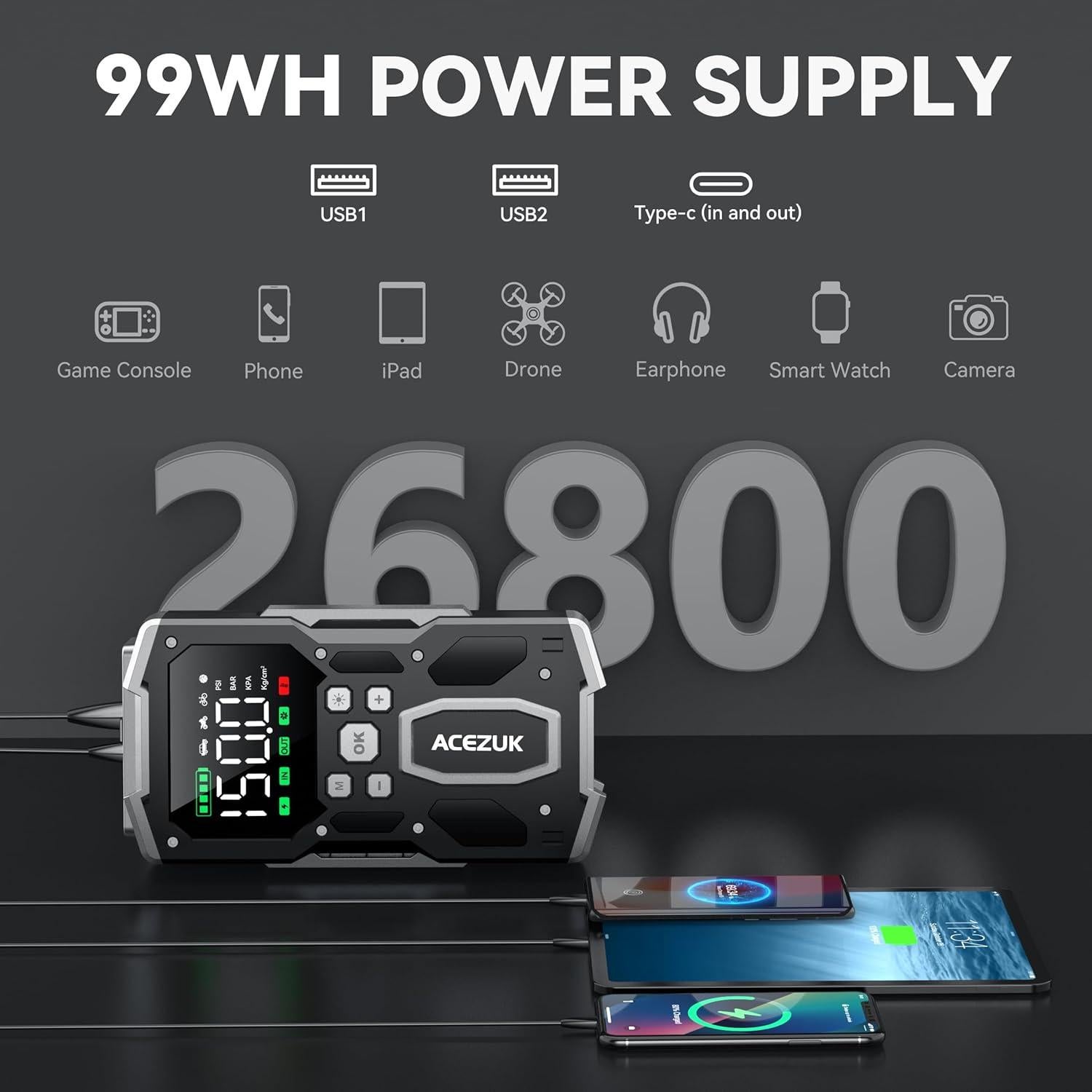 Arrancador de coche ACEZUK M03 con compresor 7000A 150PSI