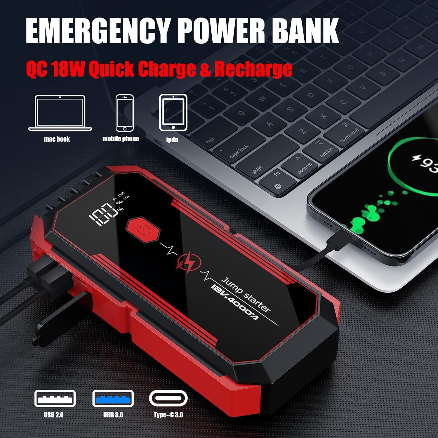 Arrancador de Salto PowQ B03 4000A 20000mAh Portátil