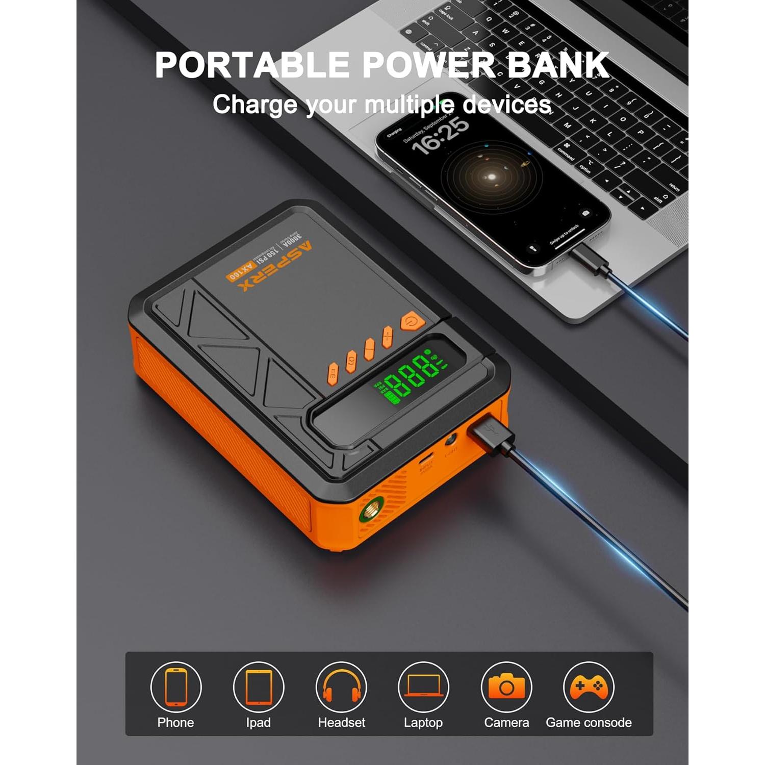 Arrancador Portátil AsperX 3000A con Compresor 150PSI