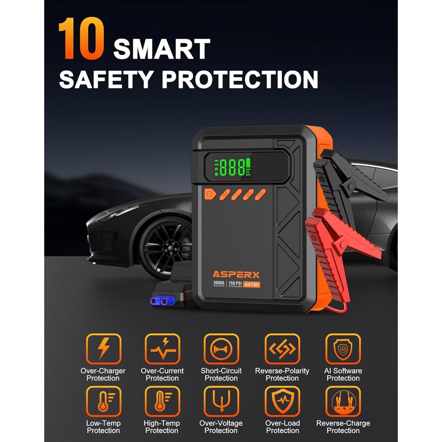 Arrancador Portátil AsperX 3000A con Compresor 150PSI