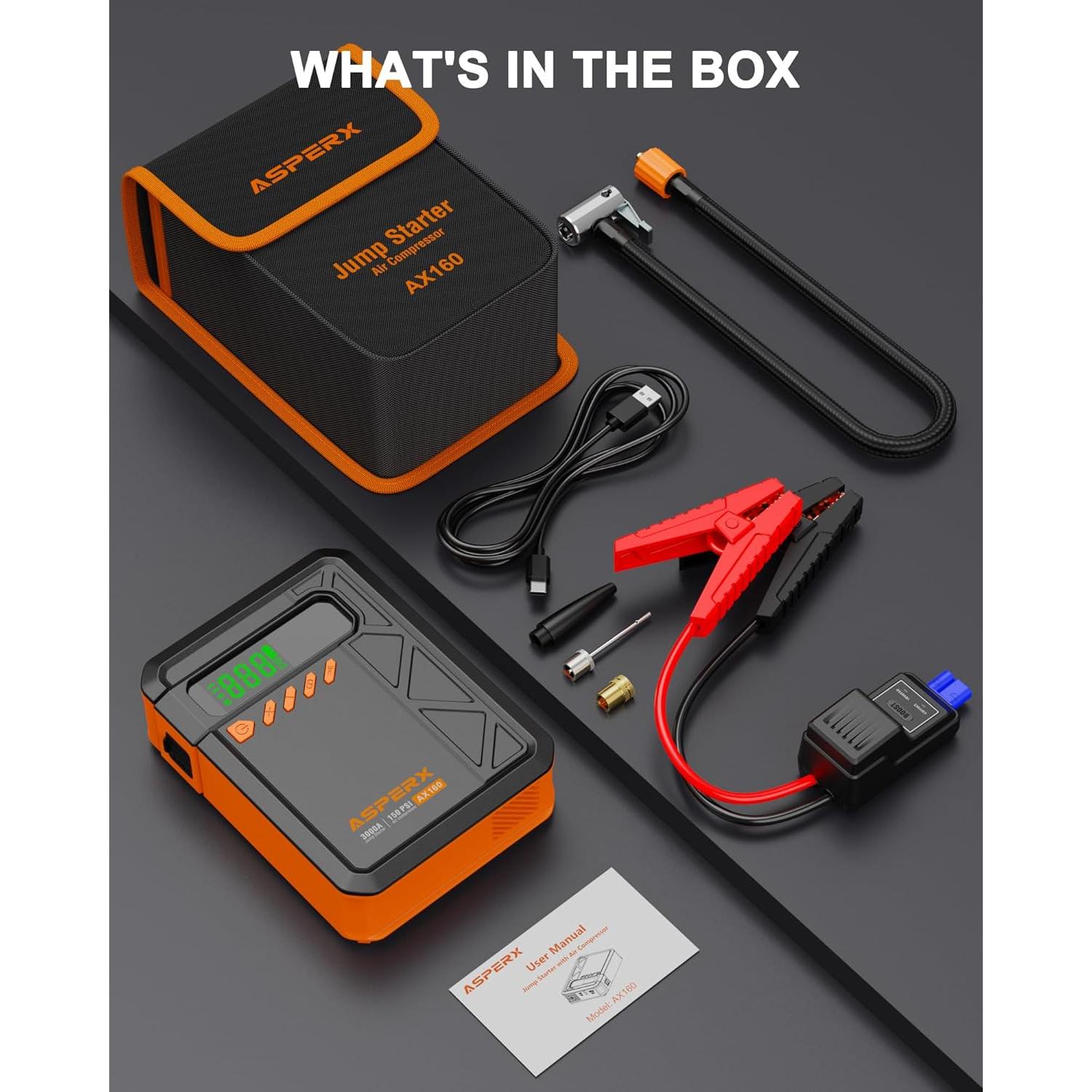 Arrancador Portátil AsperX 3000A con Compresor 150PSI