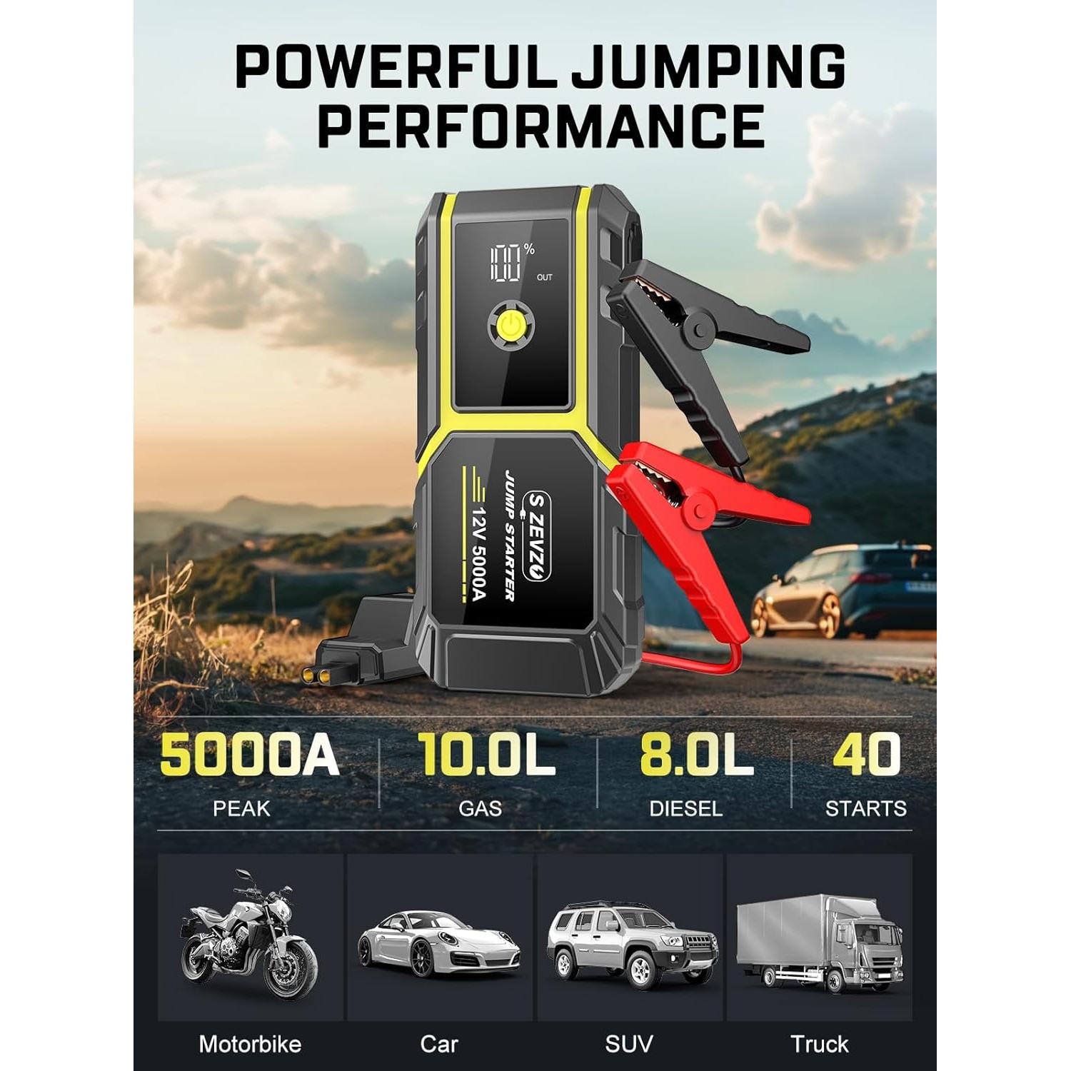 Arrancador de Coche S ZEVZO H021 5000A 12V con Linterna LED