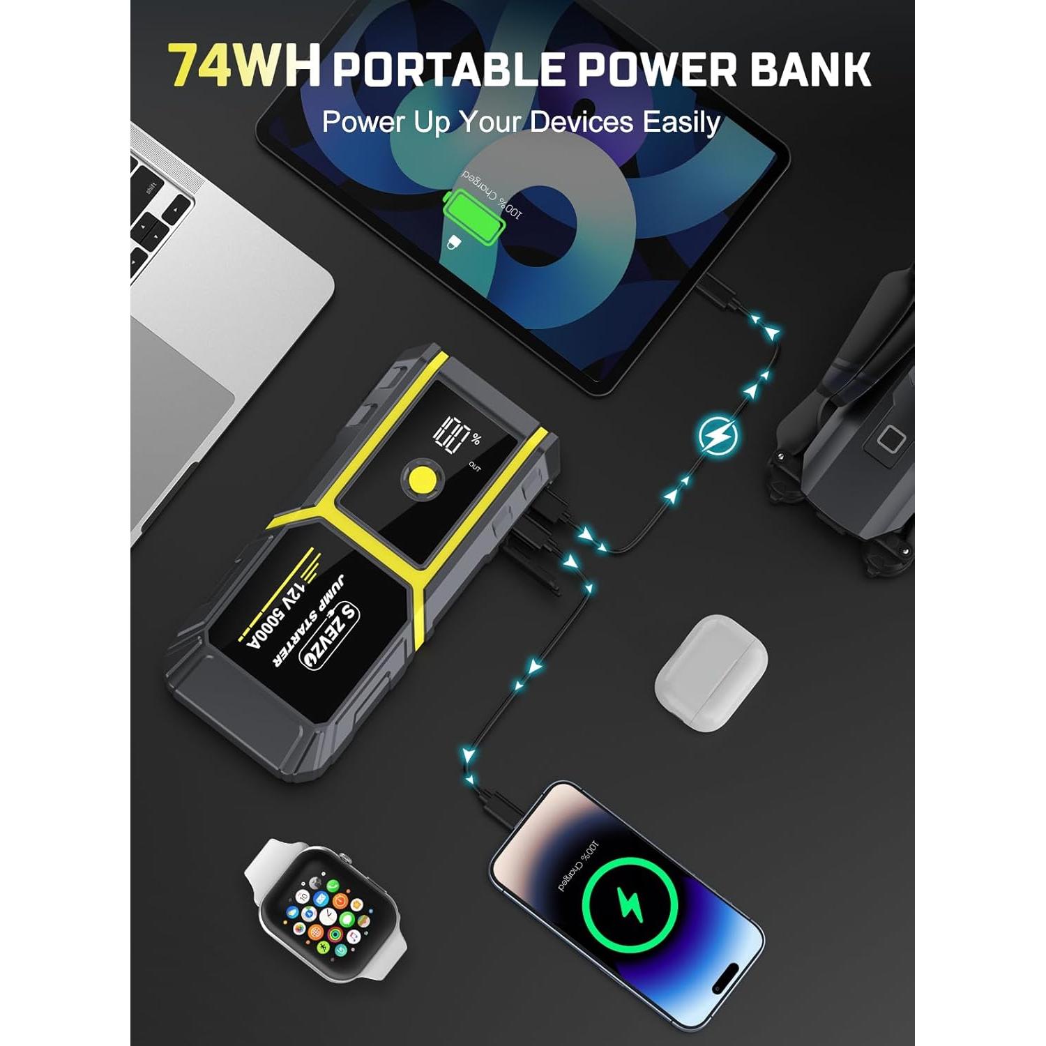 Arrancador de Coche S ZEVZO H021 5000A 12V con Linterna LED