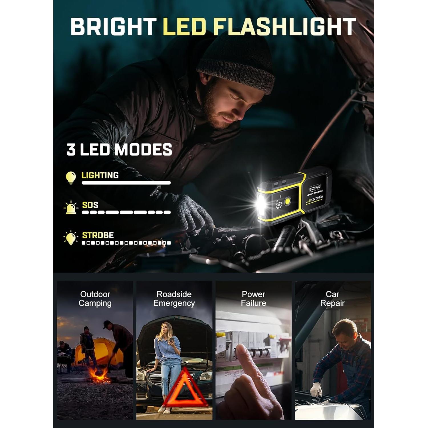 Arrancador de Coche S ZEVZO H021 5000A 12V con Linterna LED