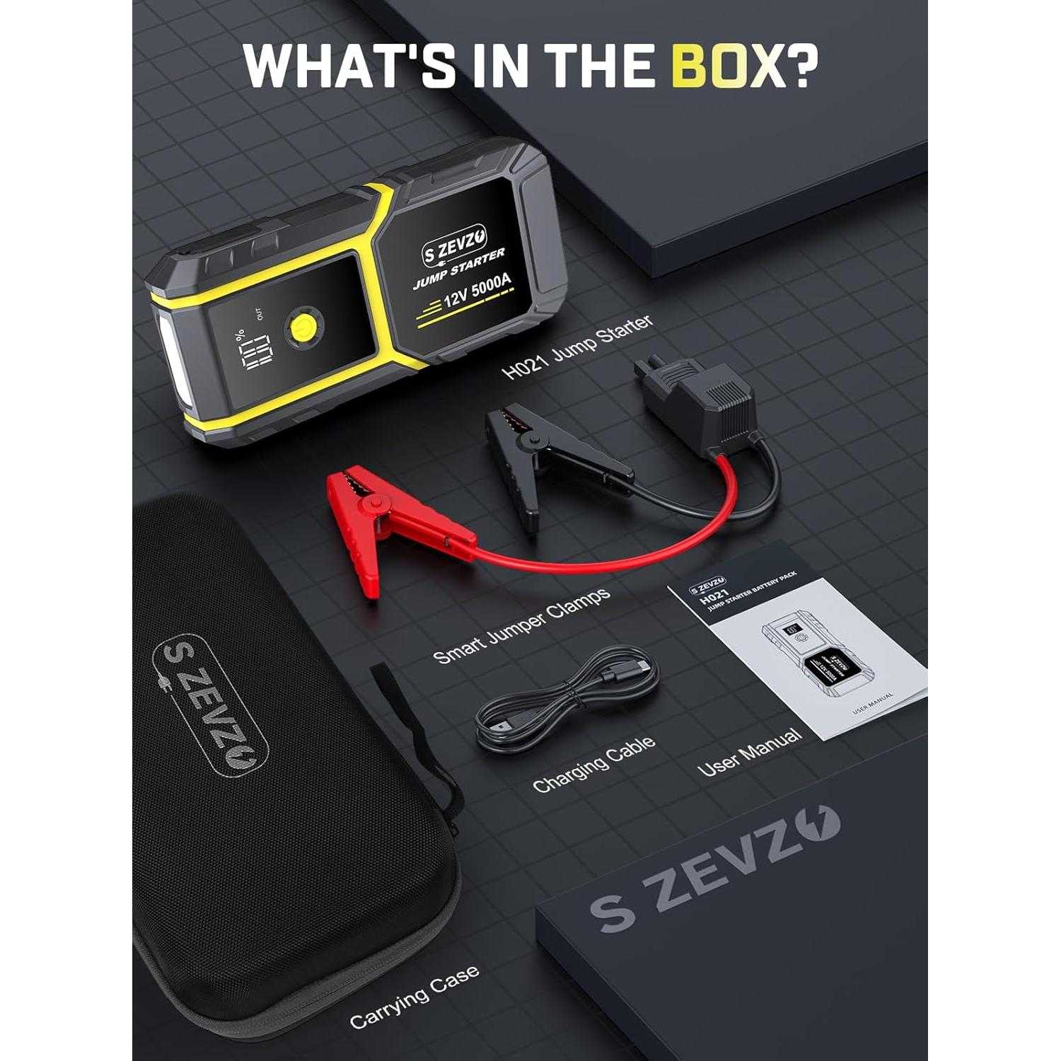 Arrancador de Coche S ZEVZO H021 5000A 12V con Linterna LED