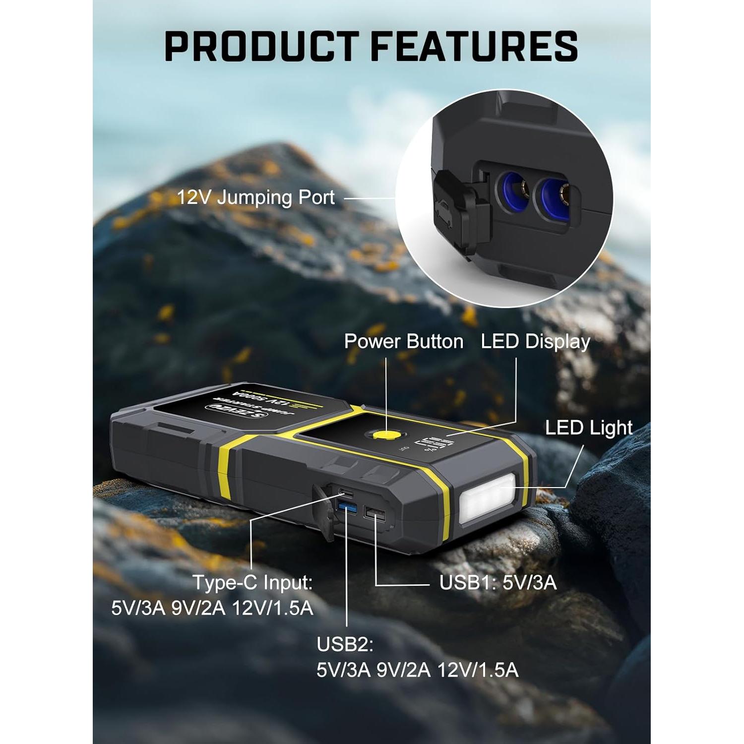 Arrancador de Coche S ZEVZO H021 5000A 12V con Linterna LED