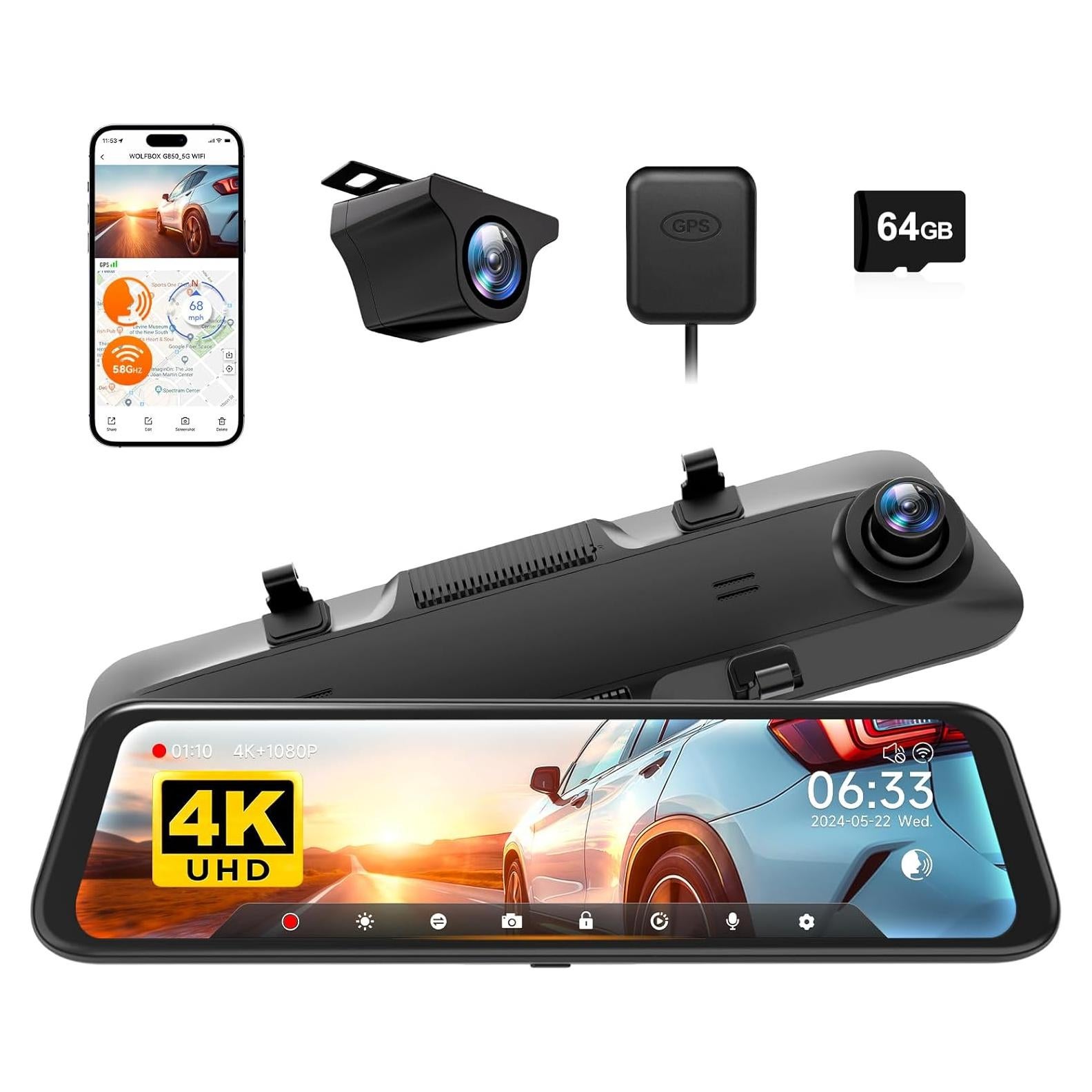 Cámara Espejo Retrovisor WOLFBOX G850 4K con WiFi y GPS