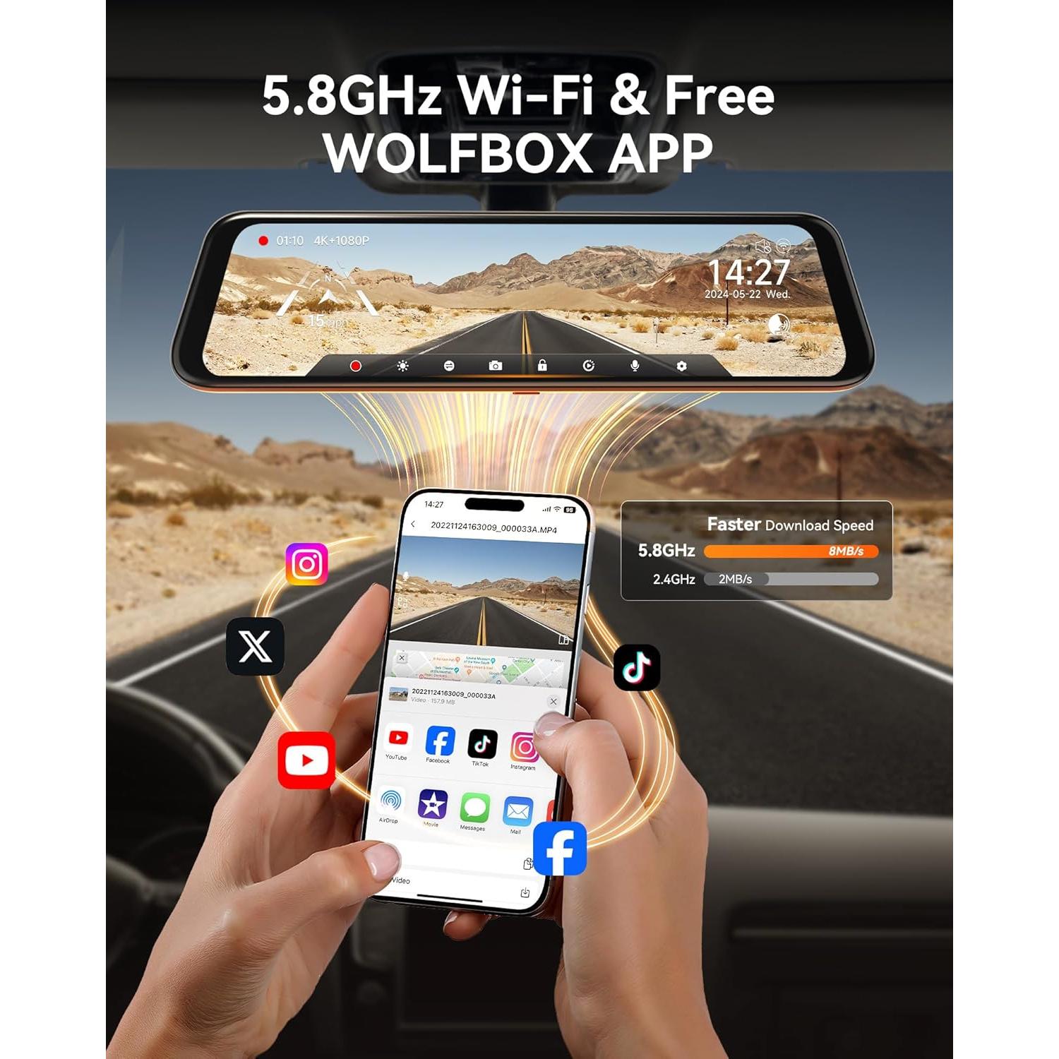 Cámara Espejo Retrovisor WOLFBOX G850 4K con WiFi y GPS