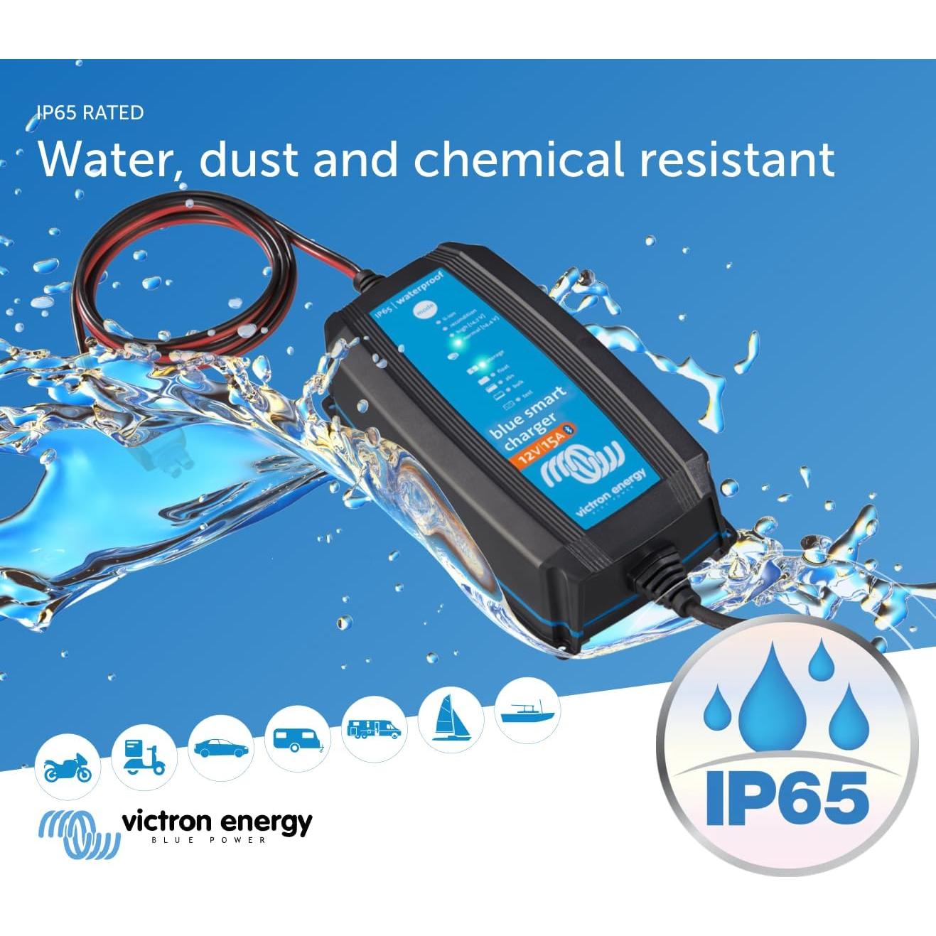 Victron Energy Blue Smart IP65 Smart Car Battery Charger 12V 15A, Float & Trickle Charger and Desulfator for Motorcycle, ATV, RV, Lithium and Deep Cycle Batteries