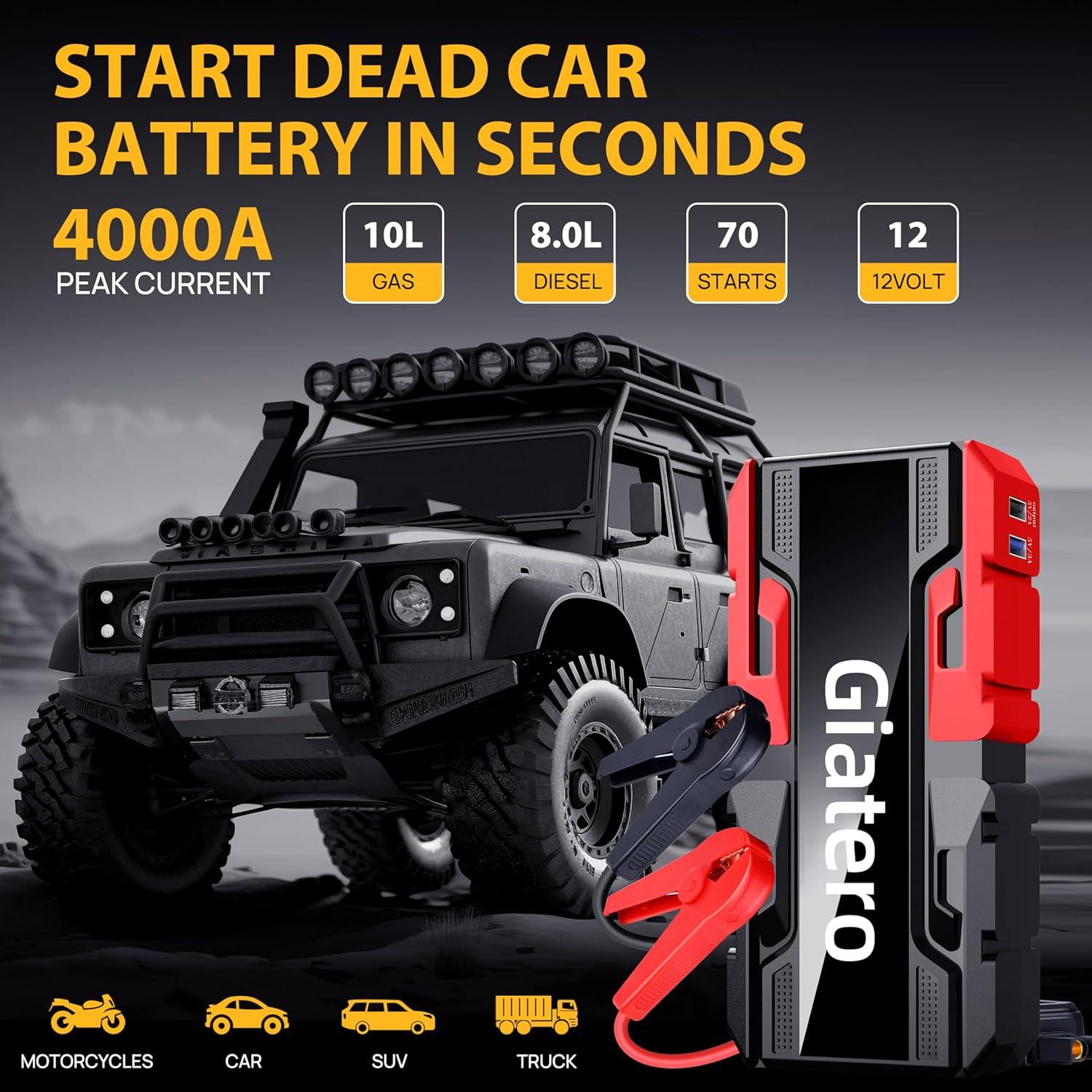 Arrancador de Coche Giatero 4000A 12V con Linterna LED