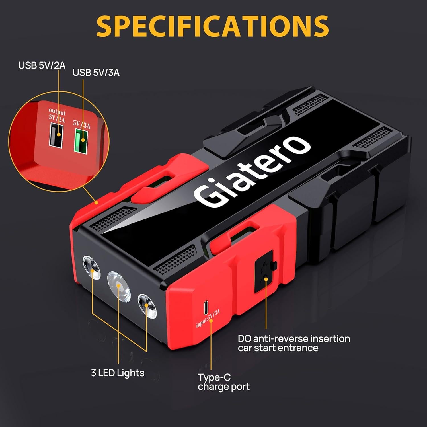 Arrancador de Coche Giatero 4000A 12V con Linterna LED