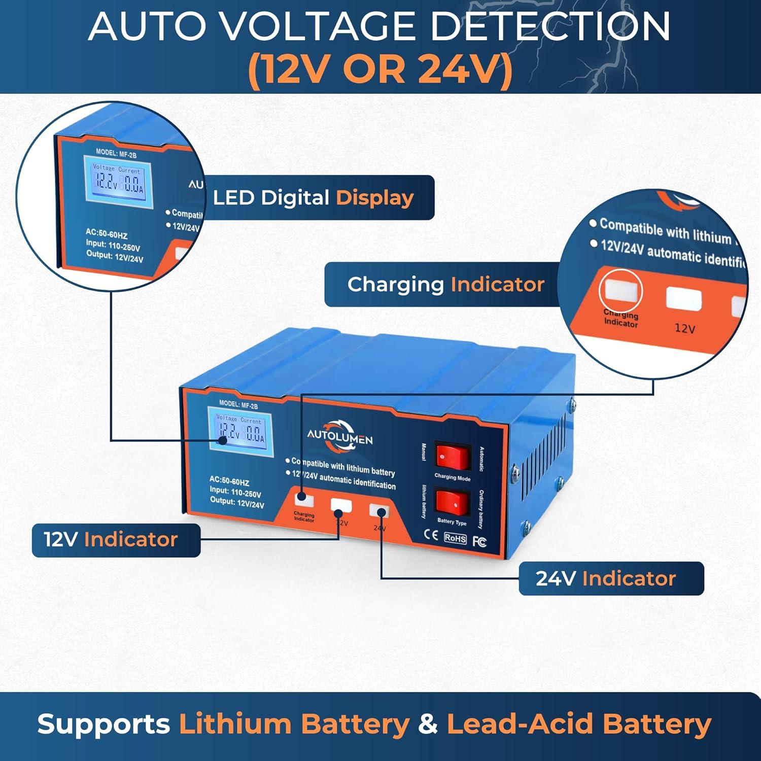 Cargador de Batería 12V 24V AUTOLUMEN 6AH-105AH Automático