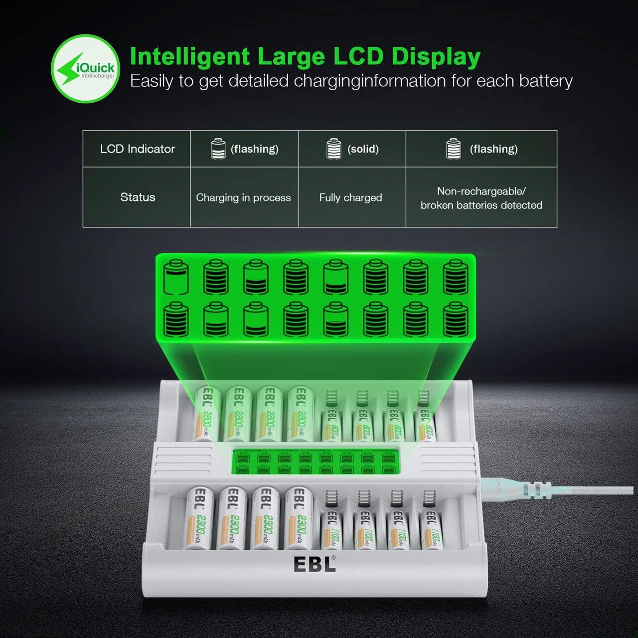 Cargador de Baterías EBL 16 Bahías AA AAA Carga Rápida LCD