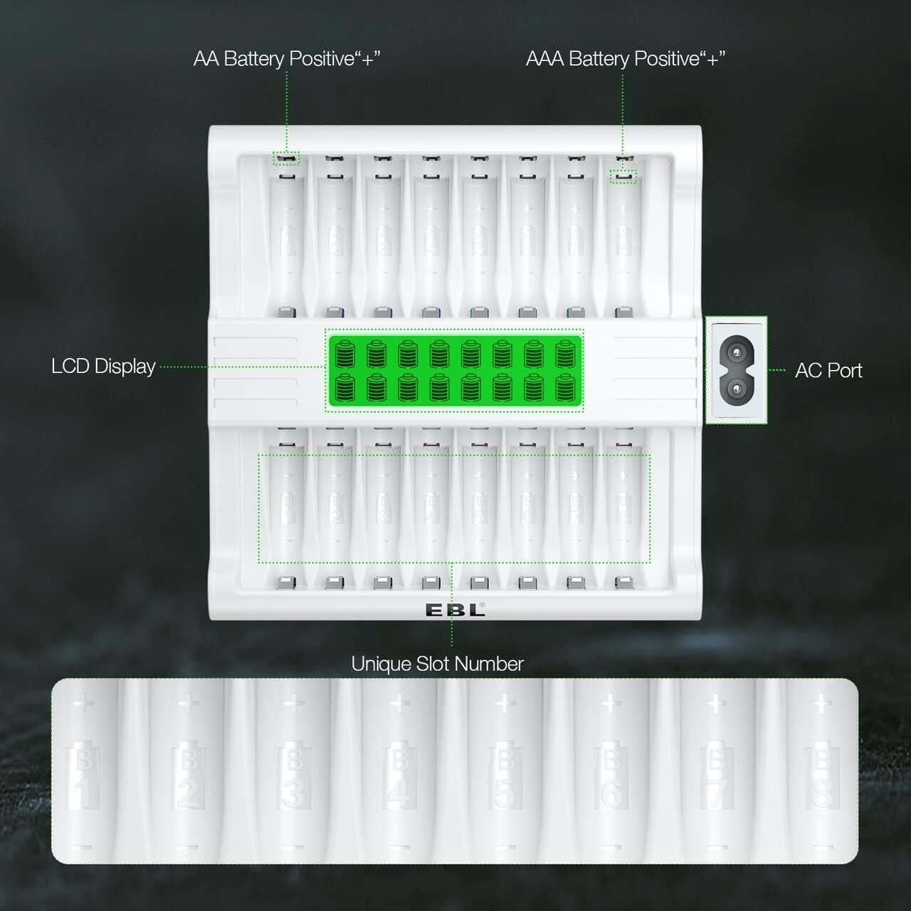 Cargador de Baterías EBL 16 Bahías AA AAA Carga Rápida LCD