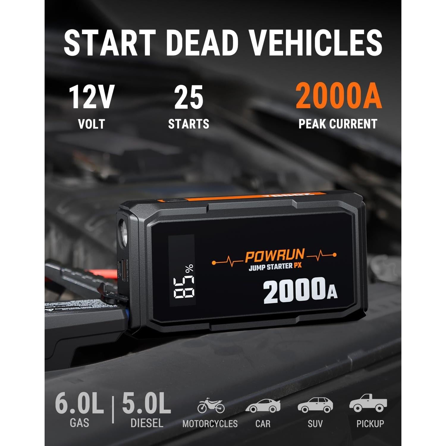 Arrancador Powrun P-X 2000A Portátil para Autos y Motos