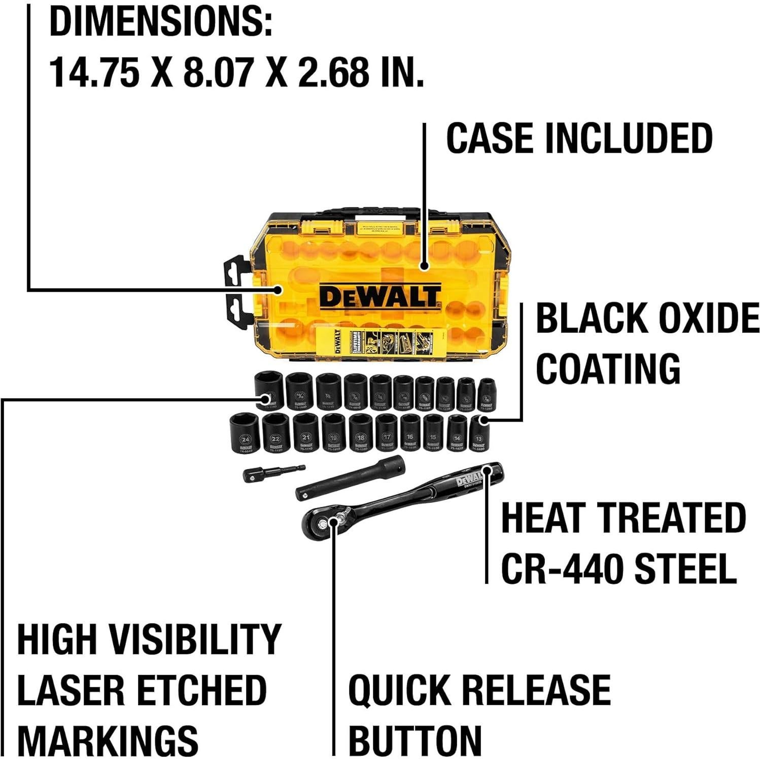Juego de Enchufes de Impacto DEWALT 23 Piezas Métrico/SAE