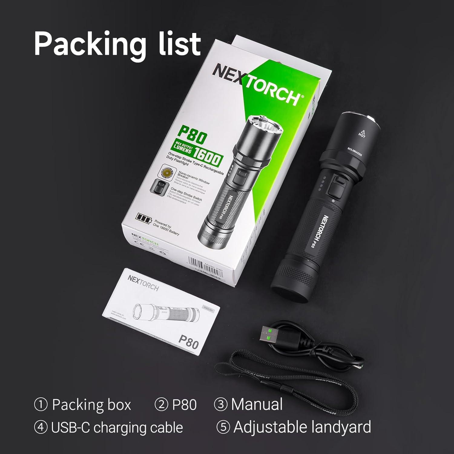 Linterna Recargable NEXTORCH P80 1600 Lúmenes LED Táctica