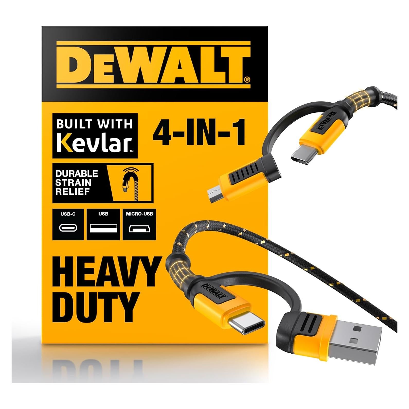 Cable 4 en 1 DEWALT Tipo C/Micro USB para iPhone y Android