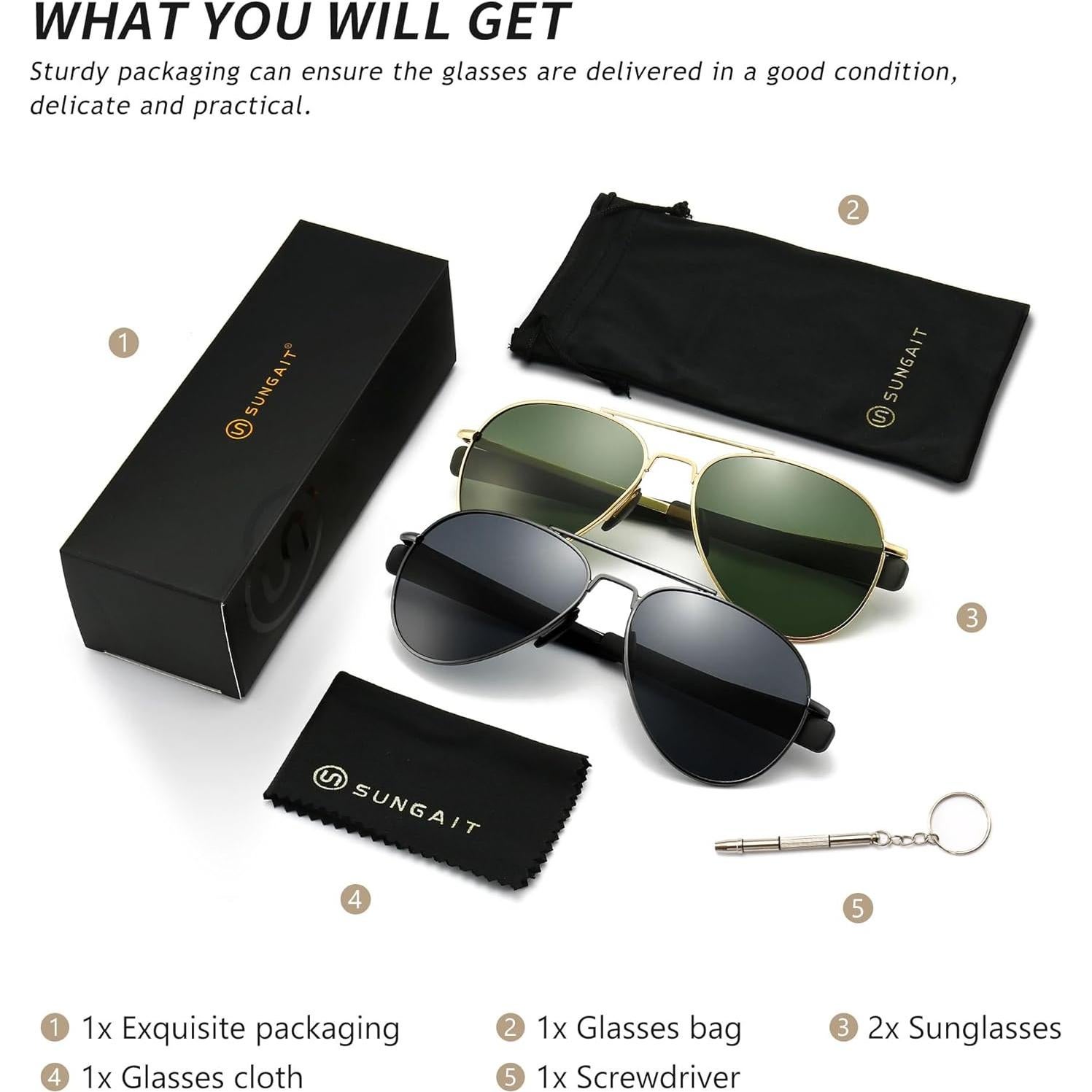 Gafas de sol aviador SUNGAIT polarizadas 100% UV400 - Paquete de 2