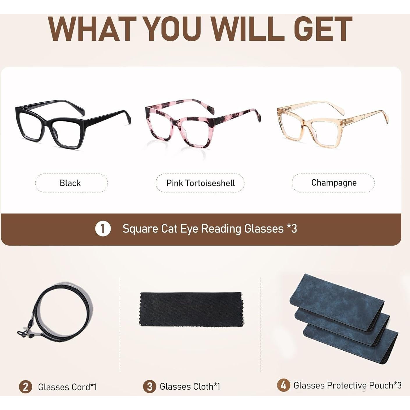 Gafas de lectura LKEYE estilo cat-eye 3 colores 1.0D