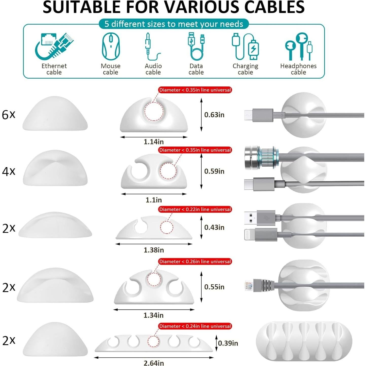 Organizador de Cables WDBmla 16 Pack Blanco Ajustable