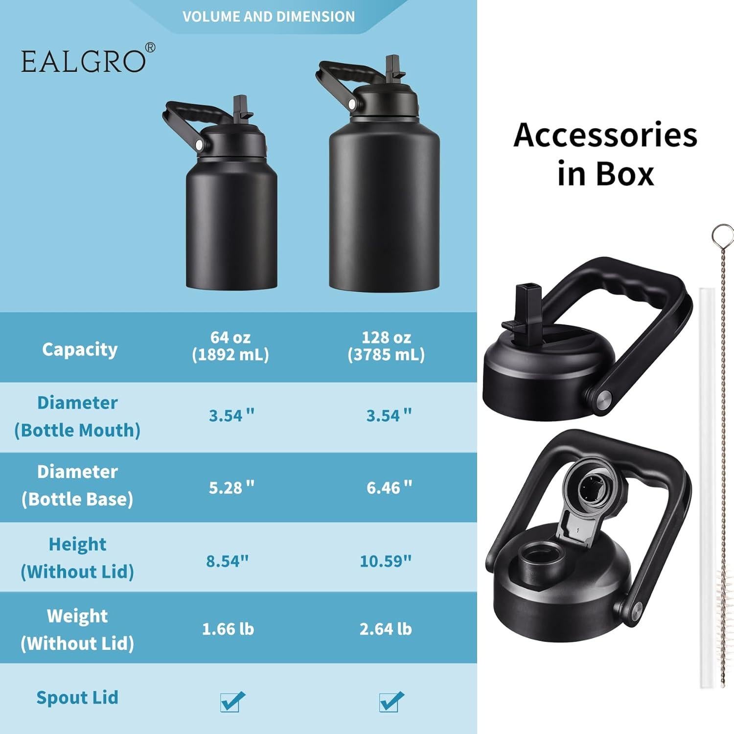 Botella de Agua Aislada EALGRO 3.78L con Pajilla y Asa