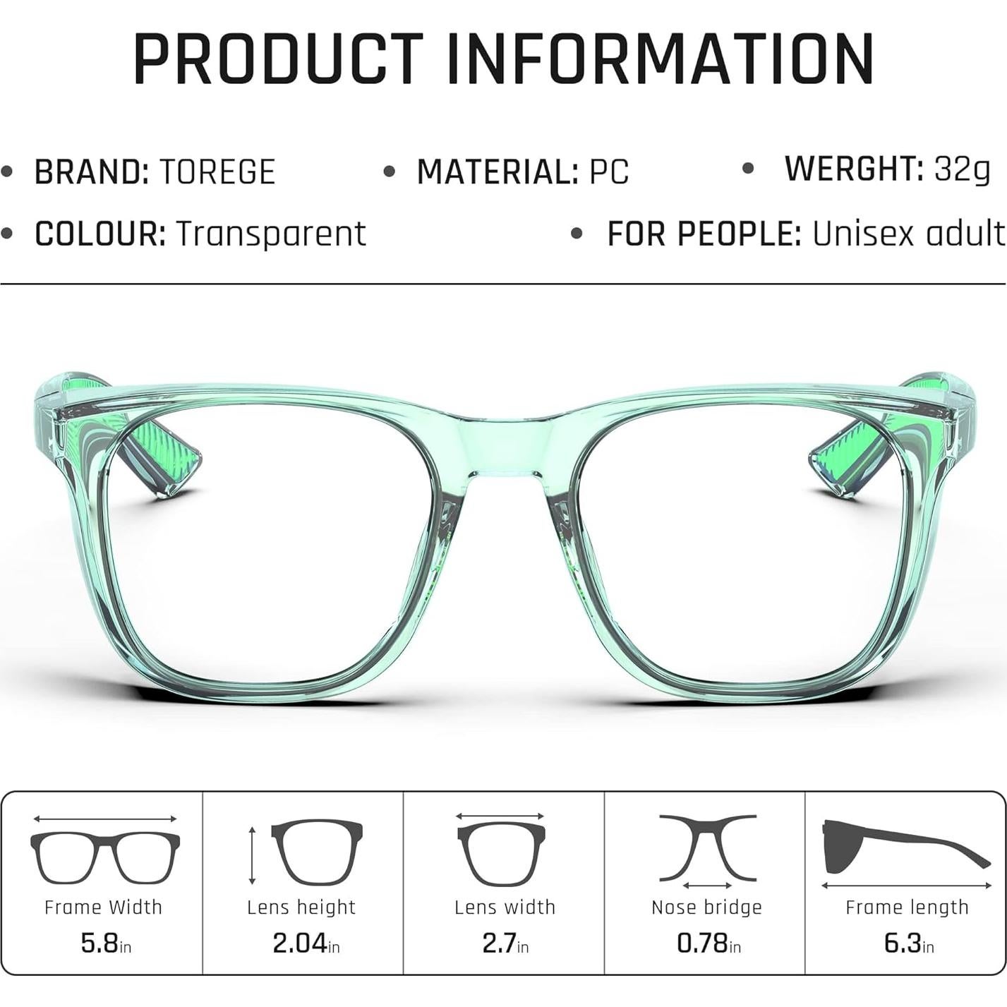 Gafas de Seguridad TOREGE Antivaho y Antiluz Azul para Hombre