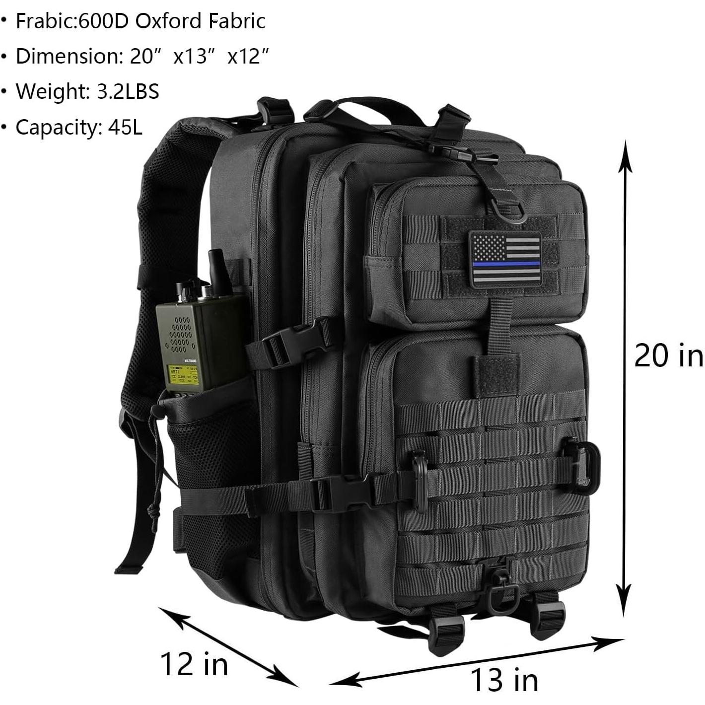 Mochila Táctica Militar 45L MOLLE Negra con Soporte de Botella